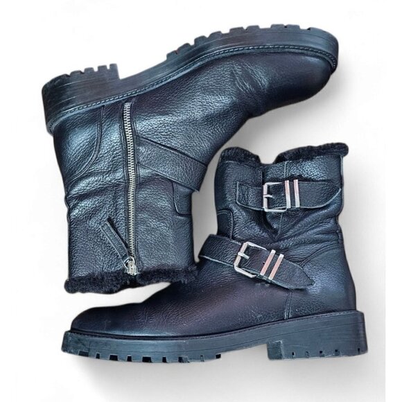 Zara Basic black leather moto combat boots zipper shearling lined EU41 US10 - Picture 2 of 16